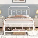 Yaheetech 3ft Single Bed Frames Vintage Sturdy Metal Platform Bed with Large Storage/Diamond Pattern Headboard/Easy Assembly/Embeded Design Bed Base, White Single Bed