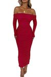 PRETTYGARDEN Women's Fall Off Shoulder Maxi Bodycon Dress Long Sleeve Ruched Sexy Club Dresses with Slit (Red,Medium)