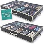 Woffit Underbed Shoe Organizer - Pack of 2 Storage Bins w/Strap Handles - Foldable Storage Bags for 12 Pairs of Shoes - Underbed Storage Containers - Home Essentials, Black