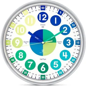 OWLCONIC Clock for Kids – Educational Analog Learning Wall Clock, Non Ticking Teaching Clock for Classroom & Homeschool, Silent Kids Bedroom Décor Blue Green