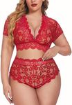 Avidlove Plus Size Lingerie Plus Floral Lace Scallop Trim Lingerie Set Deep V Allover Lace Bra Panties Set Sexy Clubwear (20 Plus, Red)