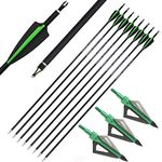 AMEYXGS 12pcs Archery Mixed Carbon Arrows 30 inch Hunting Target Practice Arrows Spine 500 for Recurve Bow Compound Bow Longbow (green black arrow+broadhaed)