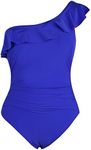 Hilor Women's One Shoulder One Piece Swimsuits Tummy Control Swimwear Asymmetric Ruffle Monokinis Bathing Suits Royal Blue 18