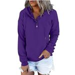 Lightning Deals Womens 2024 Button Collar Drawstring Hoodies Hooded Pullover Sweatshirts Casual Long Sleeve Fall Tops Shirts Purple