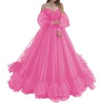 KURFACE Wedding Party Dresses Long Puffy Sleeve Lace Appliques Evening Prom Ball Gowns for Women Hot Pink UK28