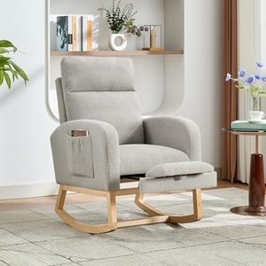 GarveeLife Nursery Rocking Chair,300lb Glider Chair with Solid Wood Legs/Two Side Pockets,Teddy Upholstered Glider Rocker with Footrest High Backrest for Living Room/Bedroom/Nursery