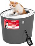 IRIS USA Top Entry Cat Litter Box with Scoop - Large - Stylish Enclosed Round Oval Kitty Dog Proof Box, Litiere Pour Chat Bac - Dark Gray/White