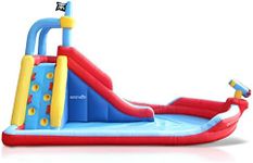 Inflatable Water Slide Splash Pool - Bounce Water Slide Pirate Blaster Splash Pool Water Park w/Water Splash Function, Climbing Wall, Water Pool, Long Water Slide - Blower, Bag - SereneLife SLIS920