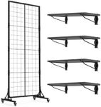 HUHOLE Grid Wall Panels + Gridwall Shelves 4 Pack, 2.2' × 5.2' Ft Movable Grid Wall Panel Display Stand, Heavy-Duty Floorstanding Gridwall with Extra 12 Hooks