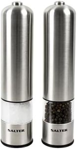 Salter 7722 SSTURA Electric Salt & Pepper Grinder Set - BPA-Free, Spice Mills, One Handed Operation, Battery Powered, 60g Salt Crystals/30g Peppercorns, Brushed Stainless Steel, for Arthritis Hands