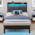 Rolanstar Bed Frame Twin Size with Charging Station and LED Lights, Upholstered Headboard with Storage Shelves, Heavy Duty Metal Slats, No Box Spring Needed, Noise Free, Easy Assembly, Dark Grey