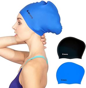 Keary 2 Pack Silicone Swim Cap for Long Hair Women Girl Men Waterproof Bathing Pool Swimming Cap Cover Ears to Keep Your Hair Dry, 3D Soft Stretchable Durable and Anti-Slip, Easy to Put On and Off