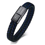 Medical Alert ID BLOOD THINNER Blue&Black Braided Leather Stainless Steel Magnetic Cuff Bracelet