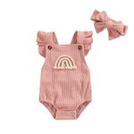 Newborn Baby Boy Girls Clothes Infant Rainbow Romper Waffle Ruffled Sleeveless Backless Bodysuit Jumpsuit Headband Outfit, B-pink, 0-3 Months