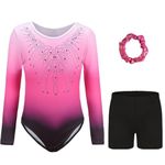 Kiscorpse Gymnastics Leotards for Girls Long Sleeve/Sleeveless Sparkle Ballet Dance Gymnastics Athletic Leotards Shinning Diamond for Kids 5-12 Years (Pink-long sleeved set, 7-8 Years)