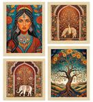 ArtX Paper Madhubani Paintings with Frame for Living Room, Traditional Indian Art Painting For Bedroom Office Room Decor, Multicolor, Natural Wood Color Frames, Set of 4