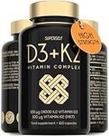 Vitamin D3 K2 Capsules - High Strength Vitamin D Tablets - 4000 IU Vitamin D & 100mcg VIT K MK7- UK Made Vegetarian D3 and K2 Vitamin Supplement for Strong Bones, Teeth, Immune System - 120 Capsules