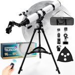 Astronomy Telescope for Adults & Beginners - 90mm Aperture 800mm Refractor with 32X-240X Magnification, Iron Tripod, Phone Adapter & Backpack - for Moon, Planets & Stargazing (White)