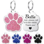 GISUREY Dog Tags Personalized for Pets - Cute Paw Glitter Dog Name Tags Personalized, Deep Laser Engraved Heavy Duty Custom Dog Tags, Up to 4 Lines of Custom Text Pet Id Tags for Dogs/Cats, Pink