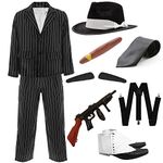 Adults Deluxe Gangster Costume – XL - Black and White Gangster Pinstripe Suit Jacket and Trousers, Black Fedora, Inflatable Tommy Gun, Braces, Fake Cigar, Spats Shoe Covers, Spiv Tash, Black Tie – 1920's Fancy Dress Costume