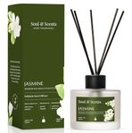 Soul & Scents Glass 120ml Jasmine Reed Diffuser Set | Free 6 Fiber Reed Sticks | Stress Relief & Aromatherapy | Long-Lasting, Smoke-Free Air Freshener for Home, Bedroom & Office | Ideal for Gifting
