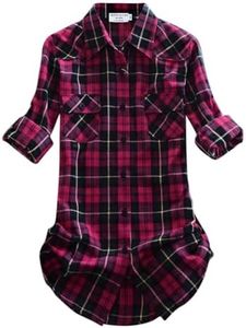 Match Womens Button Down Flannel Plaid Shirts roll up Long Sleeve Shackets Business Blouse Top (Small, Checks#8)