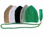 JILANI HANDICRAFT 5X Islamic Muslim Knitting Kufi Topi Prayer Hat Skull Cap Elastic One Size Fits All (Set of 5) with 1 Tasbhi Tasbih Beads Prayer Beads Free