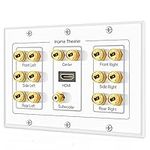 TNP Home Theater Speaker Wall Plate Outlet - 7.1 Surround Sound Audio Distribution Panel, Gold Plated Copper Banana Plug Binding Post Coupler, RCA LFE Jack for Subwoofer, HDMI 4K ARC Full HD (3-Gang)