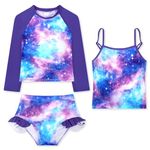 Girls Swimming Costume 3 Piece Long Sleeve Swimsuit Girls Uv Protection Rash Guard Top Shirt with Bikini Bottoms Girls Tankini Swim Set 6-7 Years