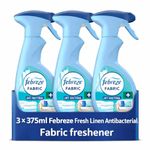 Febreze ANTIBACTERIAL Fabric Refresher Spray 3 x 375ml - FRESH LINEN Scent - Kills 99.9% of Bacteria - Odour Eliminator for Sofas, Curtains, Rugs & Upholstery