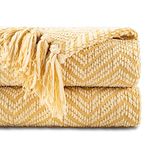 BATTILO HOME Yellow Throw Blanket for Couch, Super Soft Decorative Knit Woven Blanket with Tassels, Warm Cozy Gold Throw Blanket, 50" x 60"