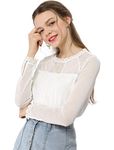 Allegra K Women's Lace Floral Panel Long Sleeves Peasant Blouse Crew Neck Chiffon Top Shirt White M-12
