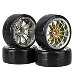 BQLZR RC1:10 Racing Car Black Plastic Slick Tires With 12-Spoke Wheel Rims for Drift Car & On Road Car Pack Of 4