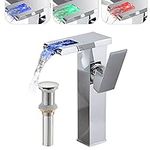 Chrome Bathroom Vessel Faucet Led Light 3 Color Changing Waterfall Single Handle One Hole Bowl Sink Faucet Matching Pop Up Drain Without Overflow Supply Lines Vanity Lavatory Deck Mount Mixer Tap Tall