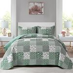 Mybedsoul Green Boho Queen Quilt Set, 3-Piece Reversible Soft Plaid Floral Bedding Set with 2 Pillow Shams - Sage Green Queen Size Quilt Bedspread Coverlet Set 90” x 96”