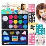 Maydear Face Paint Kit for Kids,14 Large Paints,52- Stencils,160 Gems,2 Hair Chalk,2 Glitter Non-toxic,Professional Face Paint Palette,Halloween Makeup Kit (14 Colors - Water Based)