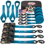 Ratchet Tie-Down Straps Set - (1" x 15', 2200lbs Breaking Strength) - Vehiclex Soft Loops, Coated S-Hooks, Storage Bag for ATV, Motorcycle, Bicycle, Kayak, Cargo Securing, Blue