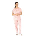 LABEL MY Women's Top & Pyjama Set | Comfortable Knitted Cotton | Round Neck Top with Three Buttons | Pyjama with Side Pockets, Elastic Waist & Drawstring (XL, Baby Pink)