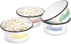 Red Co. Set of 4 White Enamelware Metal Classic 1.2 Quart Popcorn Bowls, Assorted Color Prints/Black Rim