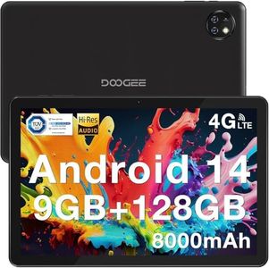 DOOGEE T10W 2024 Android 14 Tablet 10 Pollici, 9GB RAM + 128GB ROM (TF 1TB), Dual 4G LTE + 5G WiFi Tablet, 8000mAh Batterie, TÜV Luce Blu Bassa/Face ID/OTG/ BT5.0/5MP Fotocamera/3.5mm Jack - Nero