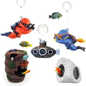 ASTRIXYZ Floating Fish Tank Decorations - Cute Diver, Retro Submarine, Star-Fish Barrel & Rock Caves, Safe Aquarium Decor for Betta, Goldfish, Shrimp, Hermit Crabs & Aquatic Pets