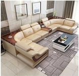 NJ Furniture Leatherette Sofa Set/ 2+1+1+1+2 7 Seater/U Shape Sactional Sofa Set/Without Centre Table For Your Living Room/Office/Dining Room/Hall 18 Months Warranty, Beige