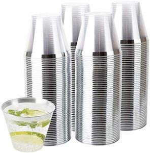 PLASTICPRO 9 oz Disposable Plastic Party Cups,Old fashioned Designed Tumblers, Crystal Clear (Clear With Silver Rim, 200)