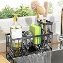 Cisily Kitchen Sink Caddy Organzier with High Brush Holder, Sponge Holder for Sink, 304 Rustproof Stainless, Kitchen Countertop Soap Dispenser Organizer, Kitchen Decor and Accessories (Black)
