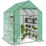 Outsunny 4.6' x 4.7' x 6.2' Walk-in Greenhouse with 3 Tier 8 Shelves, Outdoor Green House with Reinforced PE Cover, Garden Plant Grow Hot House Roll-up Door and Mesh Windows, Green