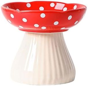 XJYYLX Ceramic Raised Mushroom Cat Bowl, Cute Elevated Cat Bowls Whisker Friendly, Raised Dog Dish for Food and Water, Red 6" Wide for Adult Cats, Small Dog