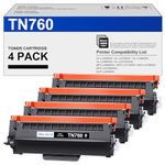 4 Black TN760 Toner Cartridge High Yield (with Chip) for Brother TN760 TN 730 Toner TN-730/TN-760 Compatible with MFC-L2750DW HL-L2370DW MFC-L2710DW HL-L2350DW DCP-L2550DW HL-L2390DW Printer