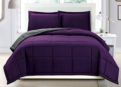 Grand Linen 3 Piece Luxury Dark Purple/Grey Reversible Soft Down Alternative Comforter Set, Full/Queen with Corner Tab Duvet Insert