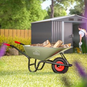 GARDEBRUK Heavy Duty Wheelbarrow 100L – Pneumatic Tyre, 250kg, Steel Rim, Silver/Red
