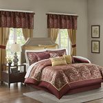 Madison Park Essentials Brystol 24 Piece Room in a Bag Faux Silk Comforter Jacquard Paisley Design Matching Curtains Down Alternative Hypoallergenic All Season Bedding-Set, Queen (90 in x 90 in), Red